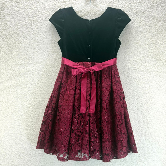 Jona Michelle Kids Black Velvet Dress Size 10 Red Glitter Mesh Lace Bow Holiday - Picture 2 of 11